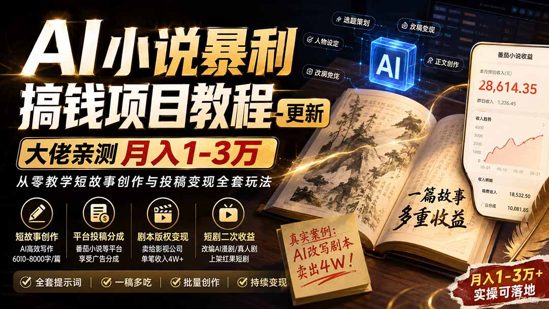 AI小说短故事暴利搞钱项目教程-更新，大佬亲测月入1-3万，从零教学短故事创作与投稿变现全套玩法-副业网