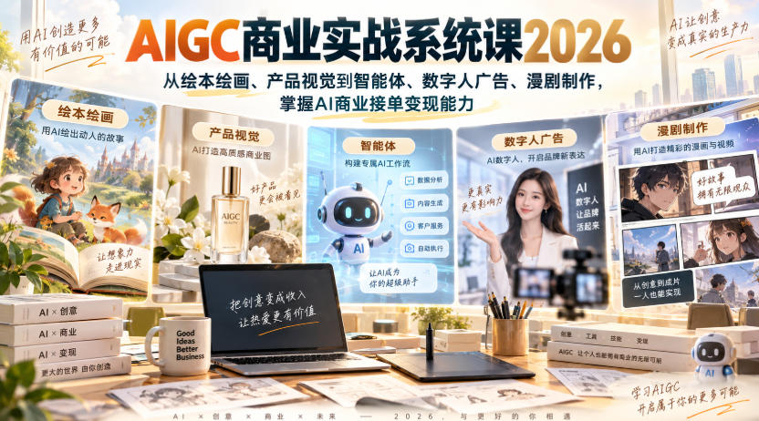 AIGC商业实战系统课2026，从绘本绘画、产品视觉到智能体、数字人广告、漫剧制作，掌握AI商业接单变现能力-副业网