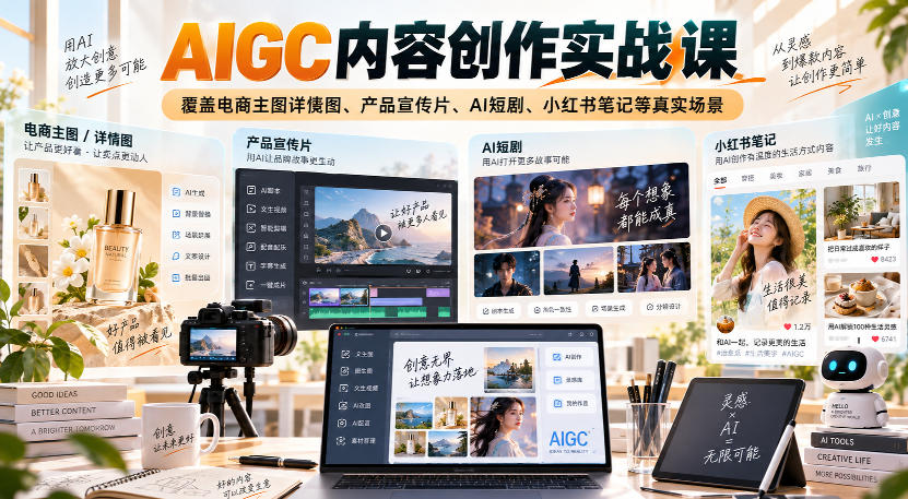 AIGC内容创作实战课，覆盖电商主图详情图、产品宣传片、AI短剧、小红书笔记等真实场景-副业网