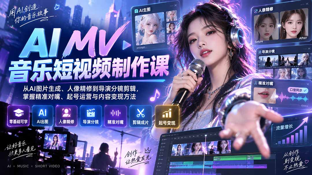 图片[2]-AI MV音乐短视频制作课：从AI图片生成、人像精修到导演分镜剪辑，掌握精准对嘴、起号运营与内容变现方法-副业网