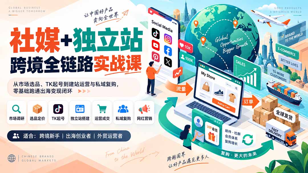 社媒+独立站跨境全链路实战课：从市场选品、TK起号到建站运营与私域复购，零基础跑通出海变现闭环-副业网