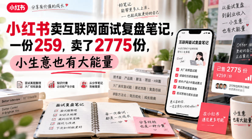 小红书卖互联网面试复盘笔记，一份259，卖了2775份，小生意也有大能量-副业网