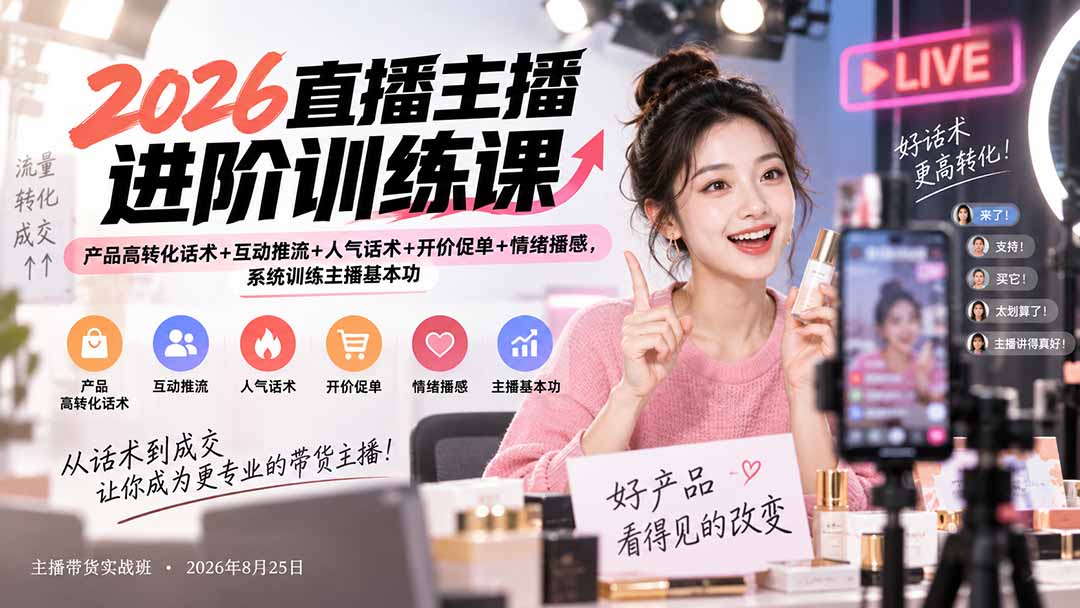 2026直播主播进阶训练课：产品高转化话术+互动推流+人气话术+开价促单+情绪播感，系统训练主播基本功-副业网