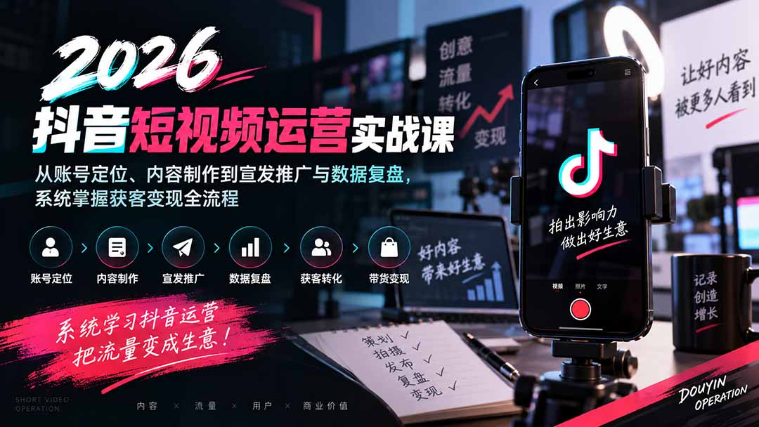 2026抖音短视频运营实战课：从账号定位、内容制作到宣发推广与数据复盘，系统掌握获客变现全流程-副业网