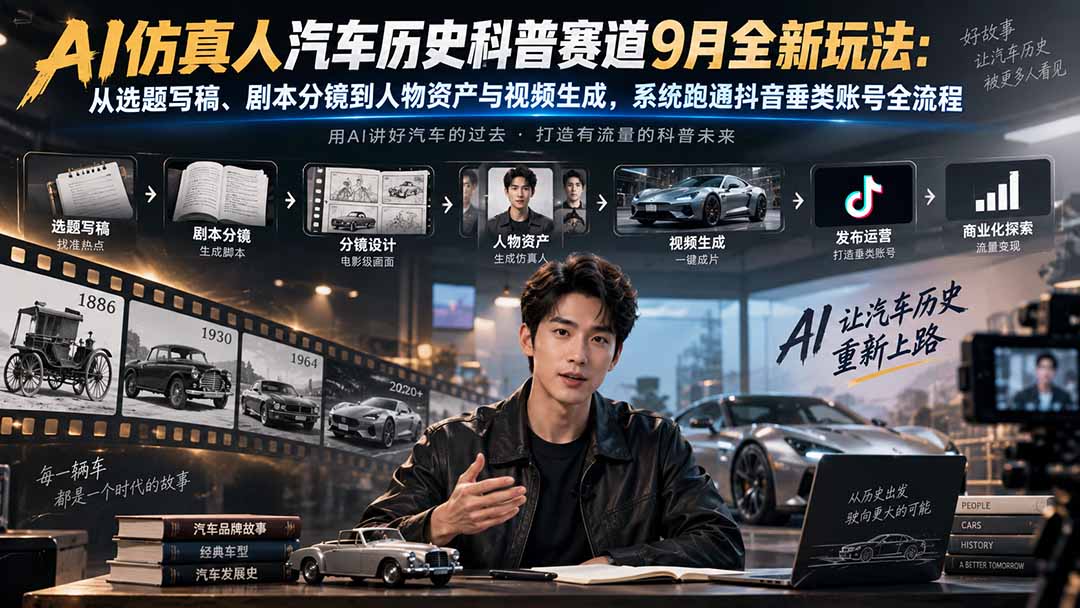 AI仿真人汽车历史科普赛道9月全新玩法：从选题写稿、剧本分镜到人物资产与视频生成，系统跑通抖音垂类账号全流程-副业网