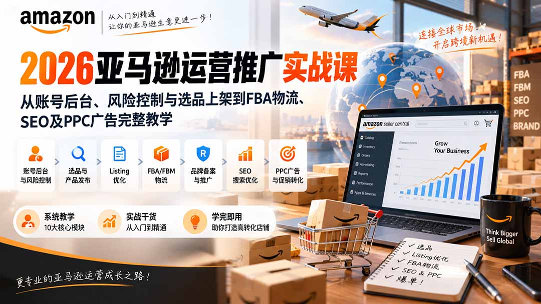 2026亚马逊运营推广实战课：从账号后台、风险控制与选品上架到FBA物流、SEO及PPC广告完整教学-副业网