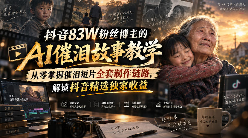 抖音83W粉丝博主的AI催泪故事教学，从零掌握催泪短片全套制作链路，解锁抖音精选独家收益-副业网