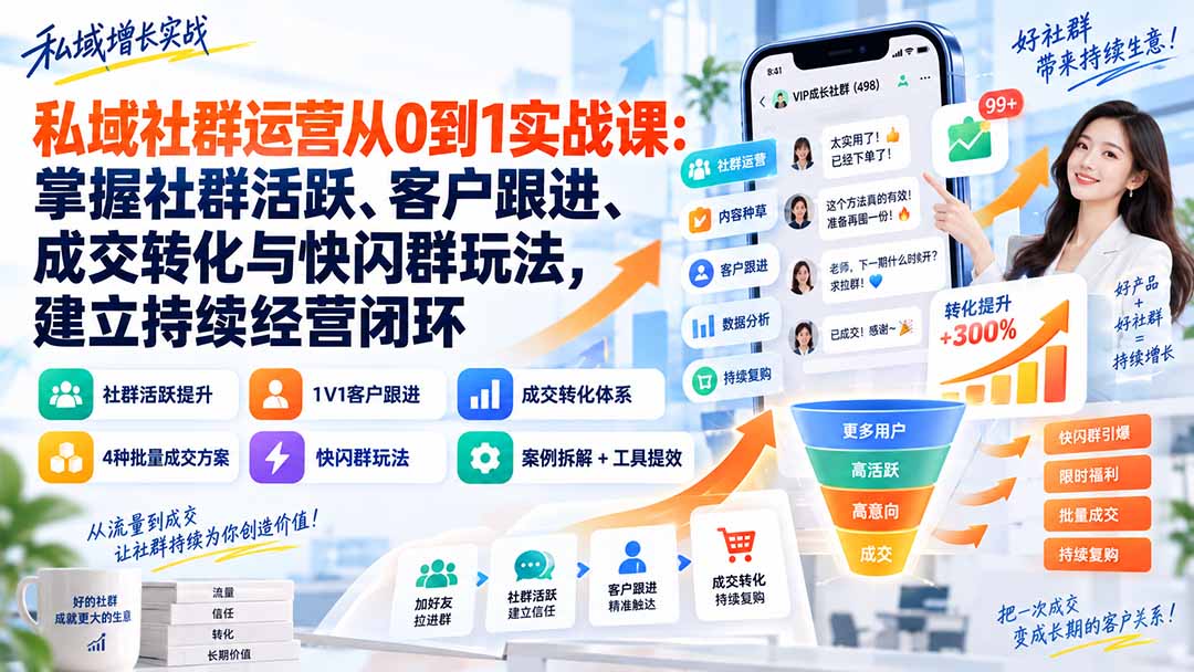 私域社群运营从0到1实战课：掌握社群活跃、客户跟进、成交转化与快闪群玩法，建立持续经营闭环-副业网