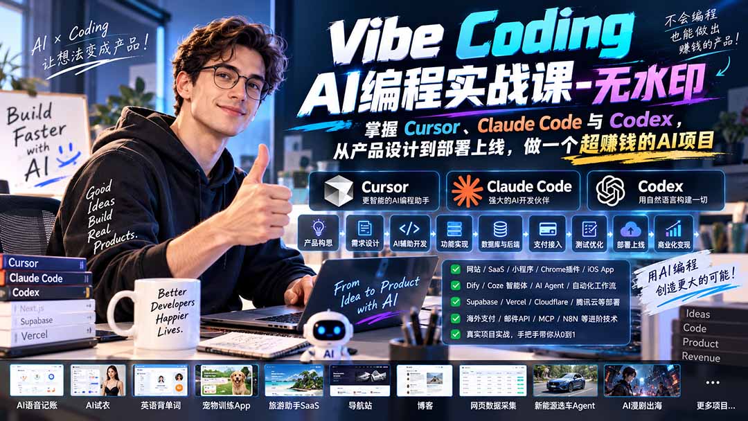 Vibe Coding AI编程实战课-无水印：掌握Cursor、Claude Code与Codex，从产品设计到部署上线，做一个超赚钱的AI项目-副业网