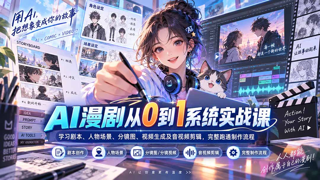 AI漫剧从0到1系统实战课：学习剧本、人物场景、分镜图、视频生成及音视频剪辑，完整跑通制作流程-副业网
