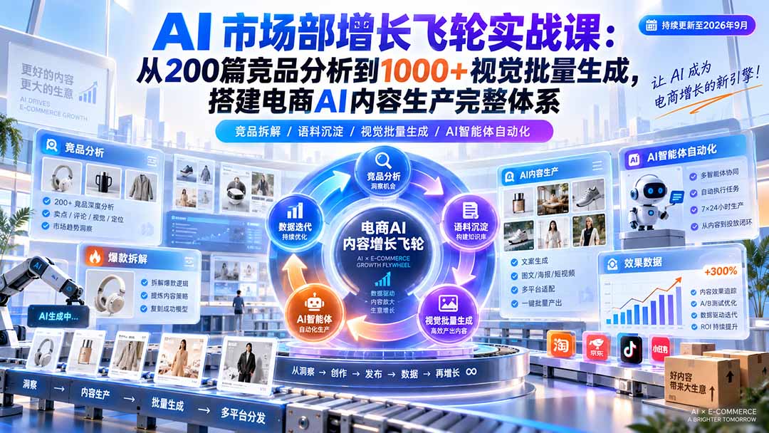 AI 市场部增长飞轮实战课：从200篇竞品分析到1000+视觉批量生成，搭建电商AI内容生产完整体系-副业网