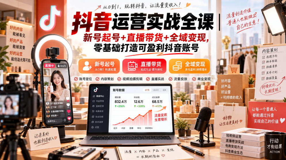 抖音运营实战全课｜新号起号+直播带货+全域变现，零基础打造可盈利抖音账号-副业网