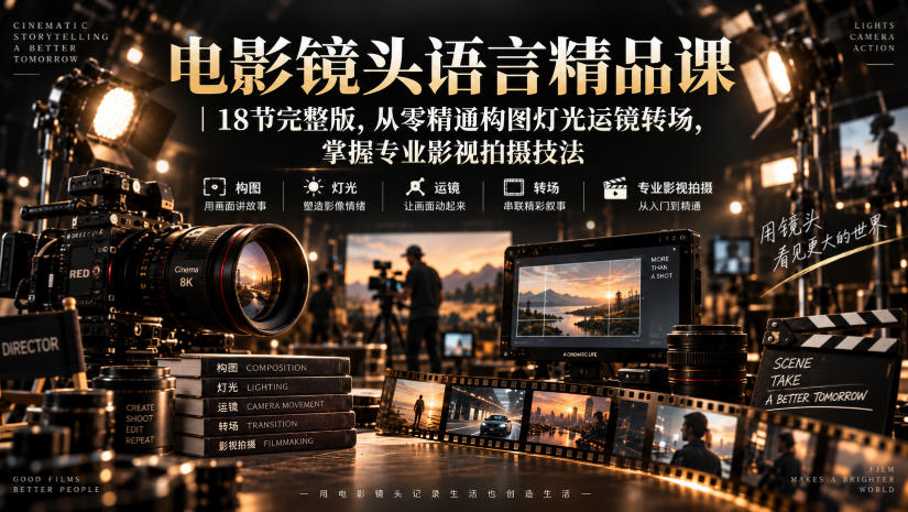 电影镜头语言精品课｜18节完整版，从零精通构图灯光运镜转场，掌握专业影视拍摄技法-副业网