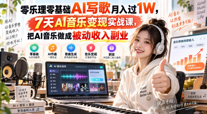 零乐理零基础AI写歌月入过1W，7天AI音乐变现实战课，把AI音乐做成被动收入副业-副业网