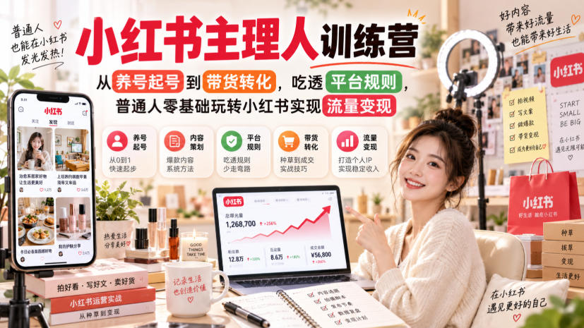 小红书主理人训练营,从养号起号到带货转化,吃透平台规则,普通人零基础玩转小红书实现流量变现-副业网