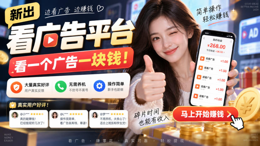 新出看广告平台,看一个广告一块钱,大量真实好评!无需养机、不会黑号,操作简单【揭秘】-副业网