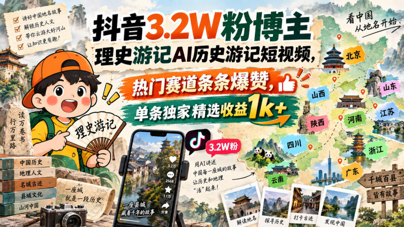 抖音3.2W粉博主理史游记AI历史游记短视频教学,热门赛道条条爆赞,单条独家精选收益1k+-副业网