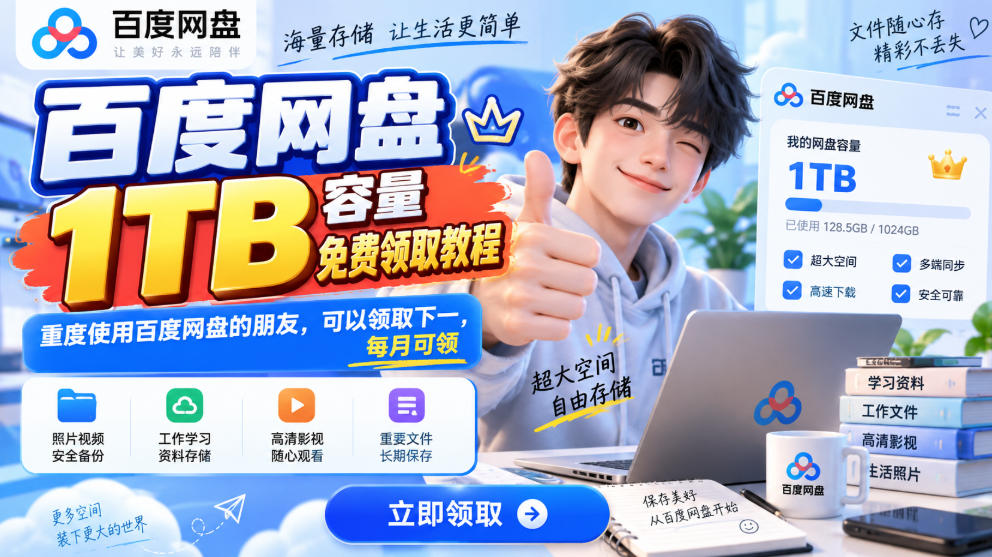 百度网盘1TB容量免费领取教程,重度使用百度网盘的朋友,可以领取下一,每月可领-副业网