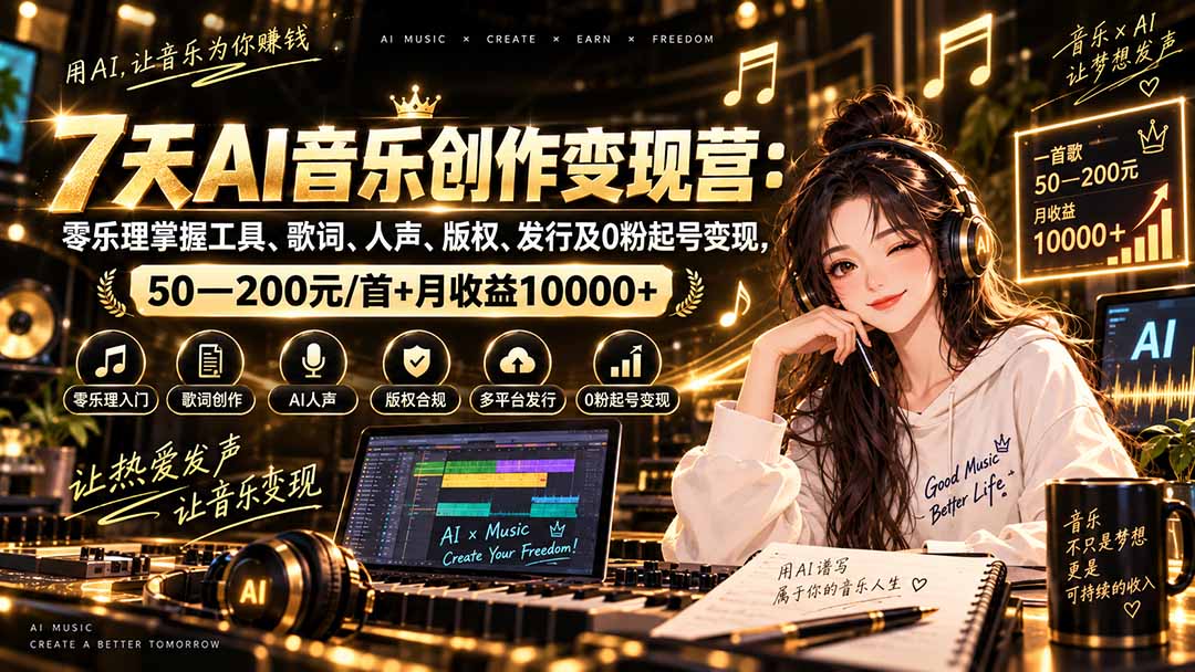 AI音乐创作变现营:零乐理掌握工具、歌词、人声、版权、发行及0粉起号变现,50—200元/首+月收益10000+-副业网