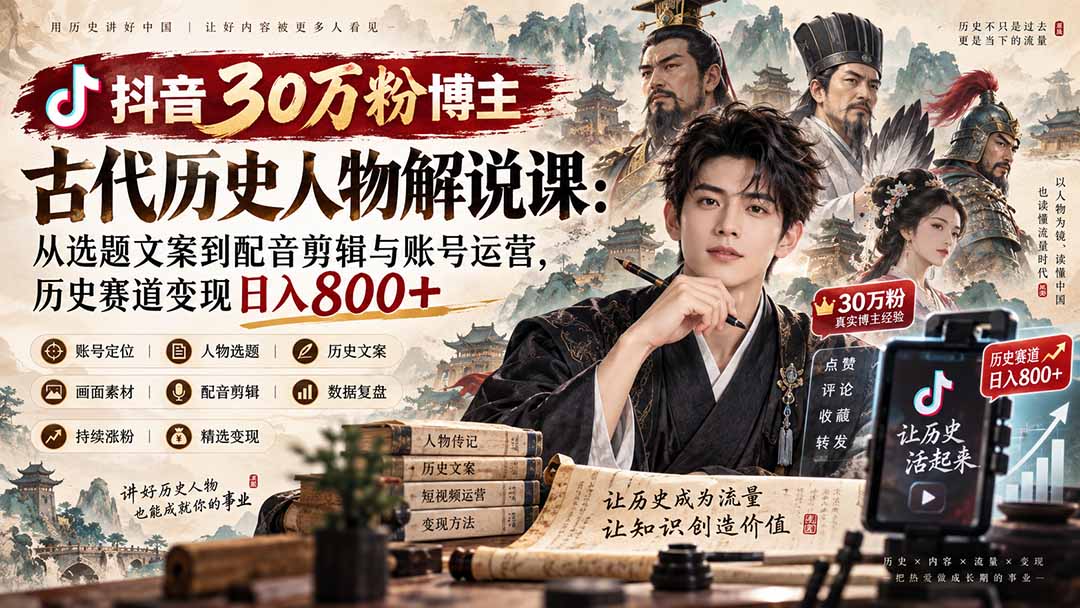 抖音30万粉博主古代历史人物解说课:从选题文案到配音剪辑与账号运营,历史赛道变现日入800+-副业网