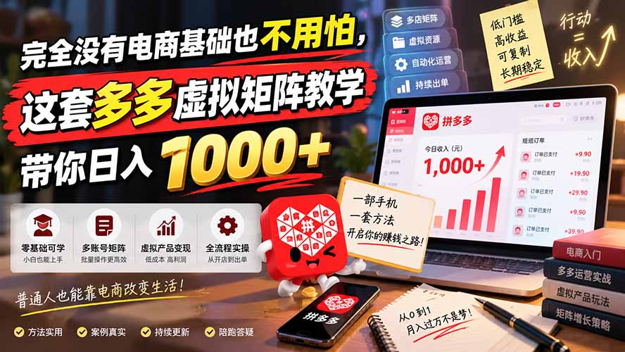 完全没有电商基础也不用怕，这套多多虚拟矩阵教学带你日入 1000+-副业网