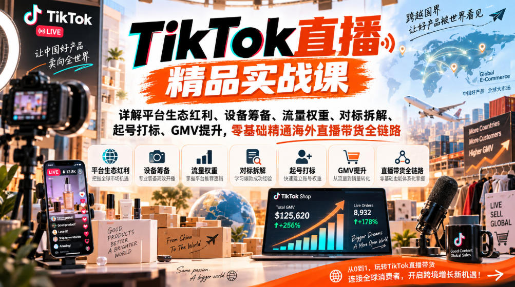 TikTok直播精品实战课，详解平台生态红利、设备筹备、流量权重、对标拆解、起号打标、GMV提升，零基础精通海外直播带货全链路-副业网