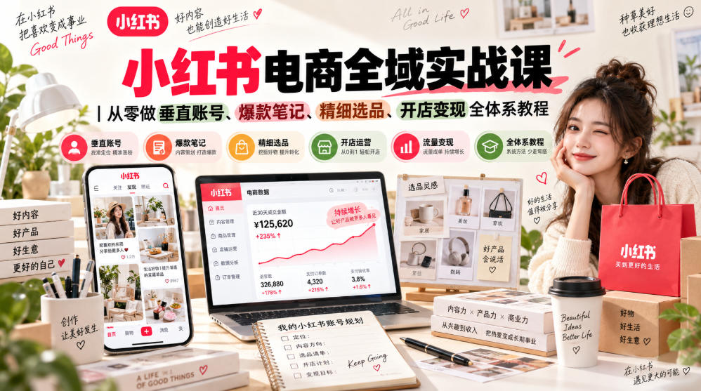 小红书电商全域实战课｜从零做垂直账号、爆款笔记、精细选品、开店变现全体系教程-副业网