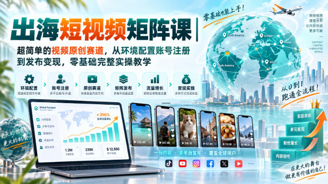 出海短视频矩阵课｜超简单的视频原创赛道，从环境配置账号注册到发布变现，零基础完整实操教学-副业网