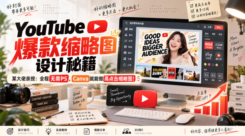 YouTube爆款缩略图设计秘籍，某油管大佬(610万订阅者)亲授，全程无需PS，Canva就能做高点击缩略图！【原创双语字幕】-副业网