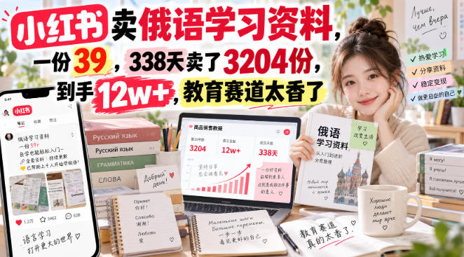 小红书卖俄语学习资料，一份39，338天卖了3204份，到手12w+，教育赛道太香了-副业网