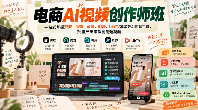 电商AI视频创作师班，一站式掌握剪映、海螺、可灵、即梦、LibTV等多款AI视频工具，批量产出带货营销短视频-副业网