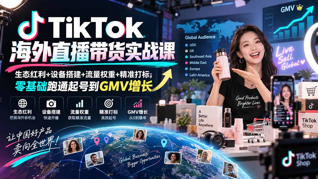 TikTok海外直播带货实战课｜生态红利+设备搭建+流量权重+精准打标，零基础跑通起号到GMV增长-副业网