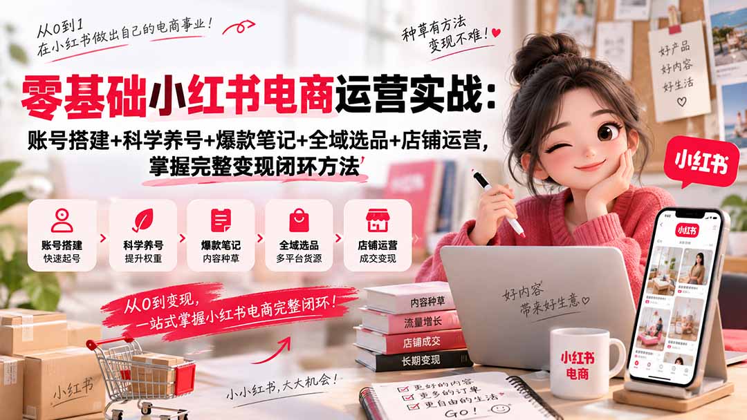 零基础小红书电商运营实战：账号搭建+科学养号+爆款笔记+全域选品+店铺运营，掌握完整变现闭环方法-副业网