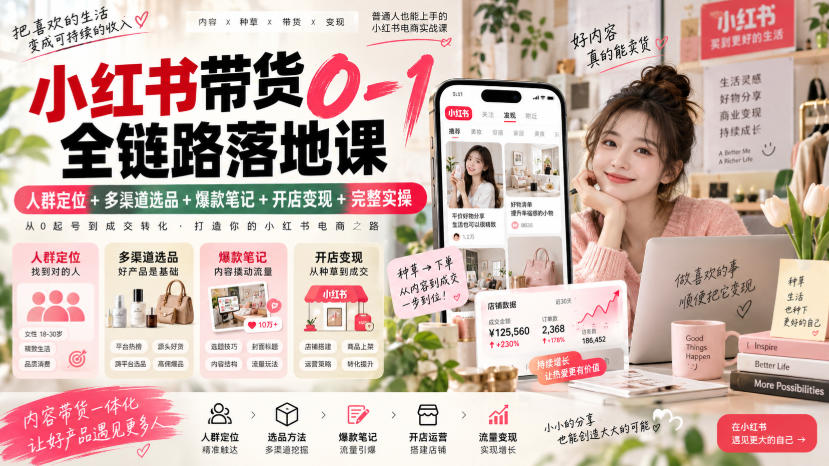 小红书带货0-1全链路落地课｜人群定位+多渠道选品+爆款笔记+开店变现完整实操-副业网