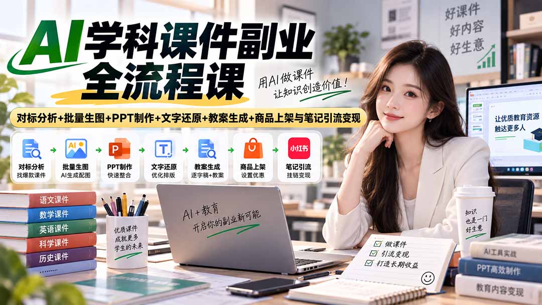 AI学科课件副业全流程课｜对标分析+批量生图+PPT制作+文字还原+教案生成+商品上架与笔记引流变现-副业网
