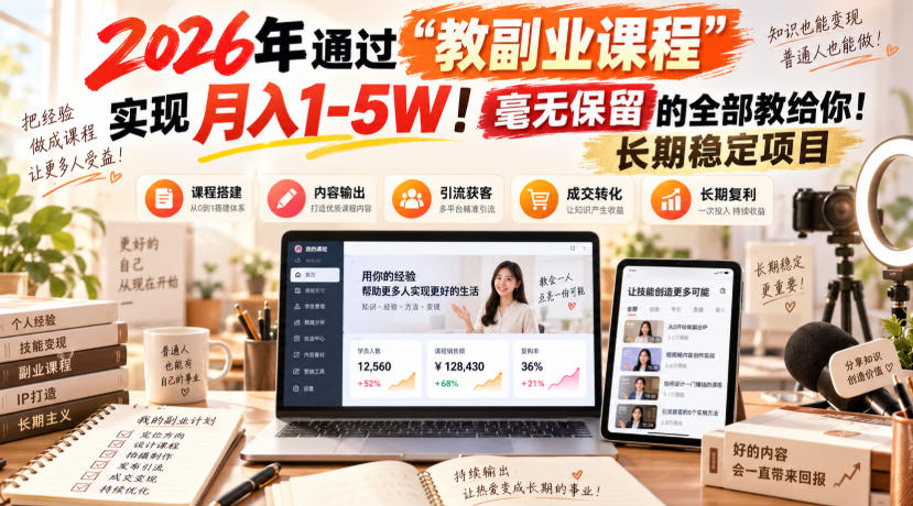 2026年通过“教副业课程”实现月入1-5W！毫无保留的全部教给你！长期稳定项目-副业网