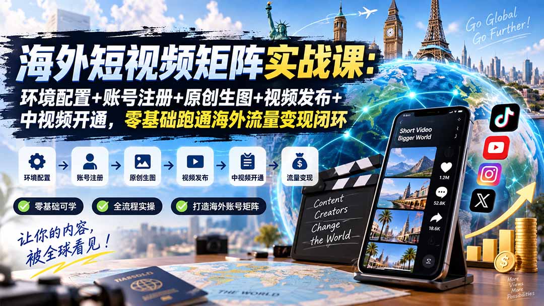 海外短视频矩阵实战课：环境配置+账号注册+原创生图+视频发布+中视频开通，零基础跑通海外流量变现闭环-副业网