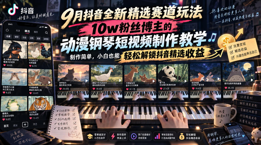 9月抖音全新精选赛道玩法，10w粉丝博主的动漫钢琴短视频制作教学，制作简单，小白也能轻松解锁抖音精选收益-副业网