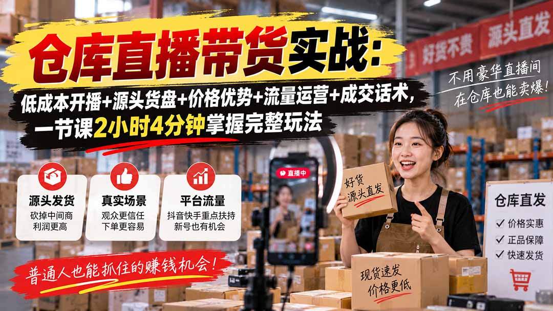 仓库直播带货实战:低成本开播+源头货盘+价格优势+流量运营+成交话术,一节课2小时4分钟掌握完整玩法-副业网
