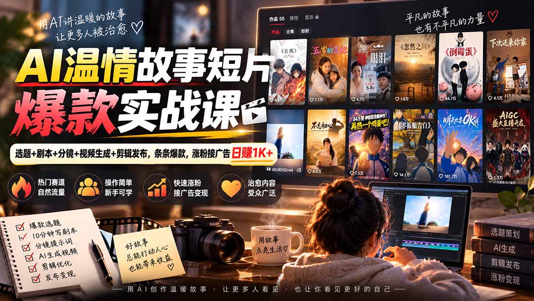 AI温情故事短片爆款实战课-更新｜选题+剧本+分镜+视频生成+剪辑发布，条条爆款，涨粉接广告日赚1K+-副业网