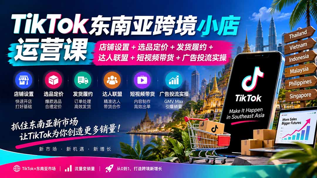 TikTok东南亚跨境小店运营课：店铺设置+选品定价+发货履约+达人联盟+短视频带货+广告投流实操-副业网
