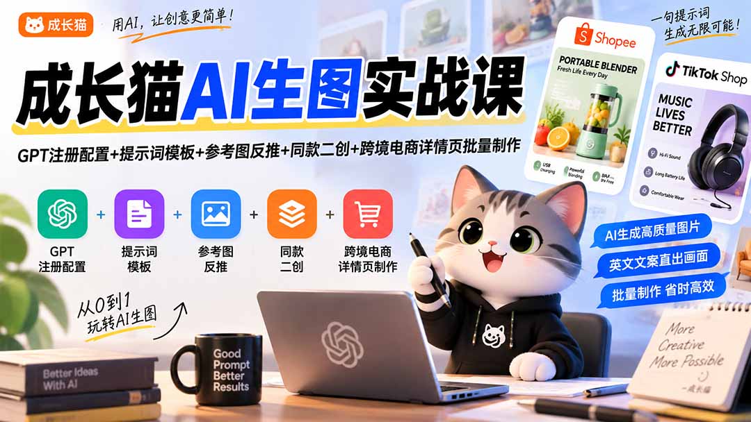 图片[2]-成长猫AI生图实战课｜GPT注册配置+提示词模板+参考图反推+同款二创+跨境电商详情页批量制作-副业网