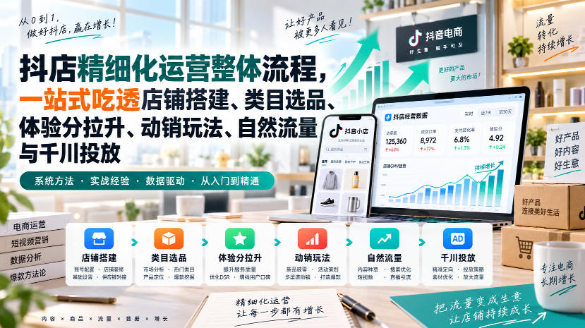 李哥电商-抖店精细化运营整体流程，一站式吃透店铺搭建、类目选品、体验分拉升、动销玩法、自然流量与千川投放-副业网