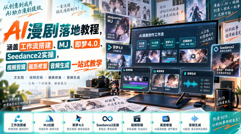 AI漫剧落地教程，涵盖工作流搭建、MJ、即梦4.0、Seedance2实操，视频剪辑画质修复音频生成一站式教学-副业网