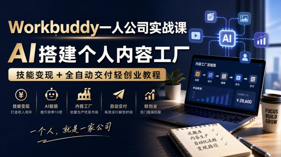 Workbuddy一人公司实战课，AI搭建个人内容工厂，技能变现+全自动交付轻创业教程​-副业网