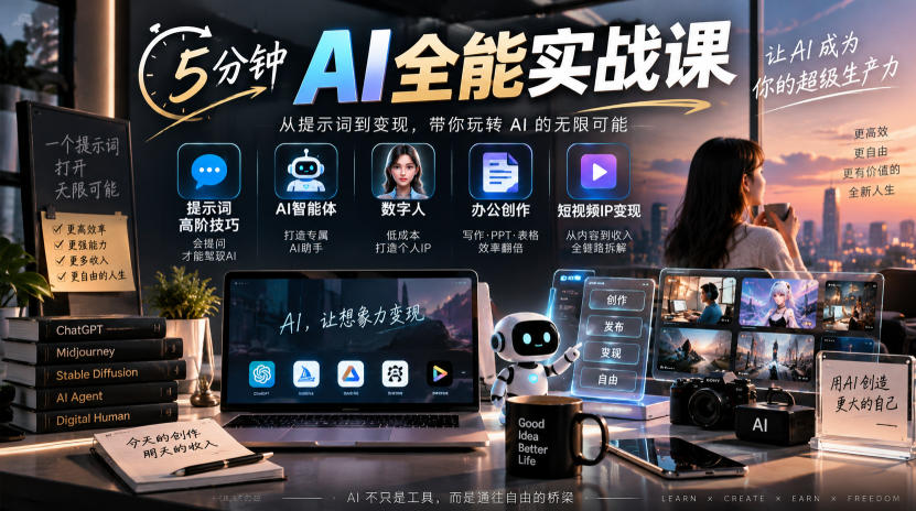 5分钟AI全能实战课｜提示词高阶技巧+AI智能体+数字人+办公创作+短视频IP变现全教程-副业网