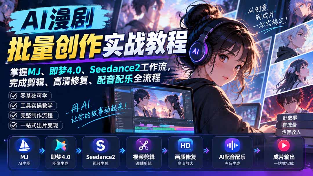 AI漫剧批量创作实战教程：掌握MJ、即梦4.0、Seedance2工作流，完成剪辑、高清修复、配音配乐全流程-副业网