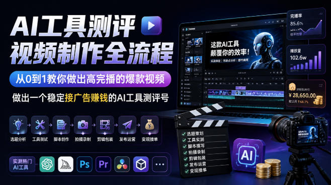 AI工具测评视频制作全流程，从0到1教你做出高完播的爆款视频，做出一个稳定接广告賺钱的AI工具测评号-副业网
