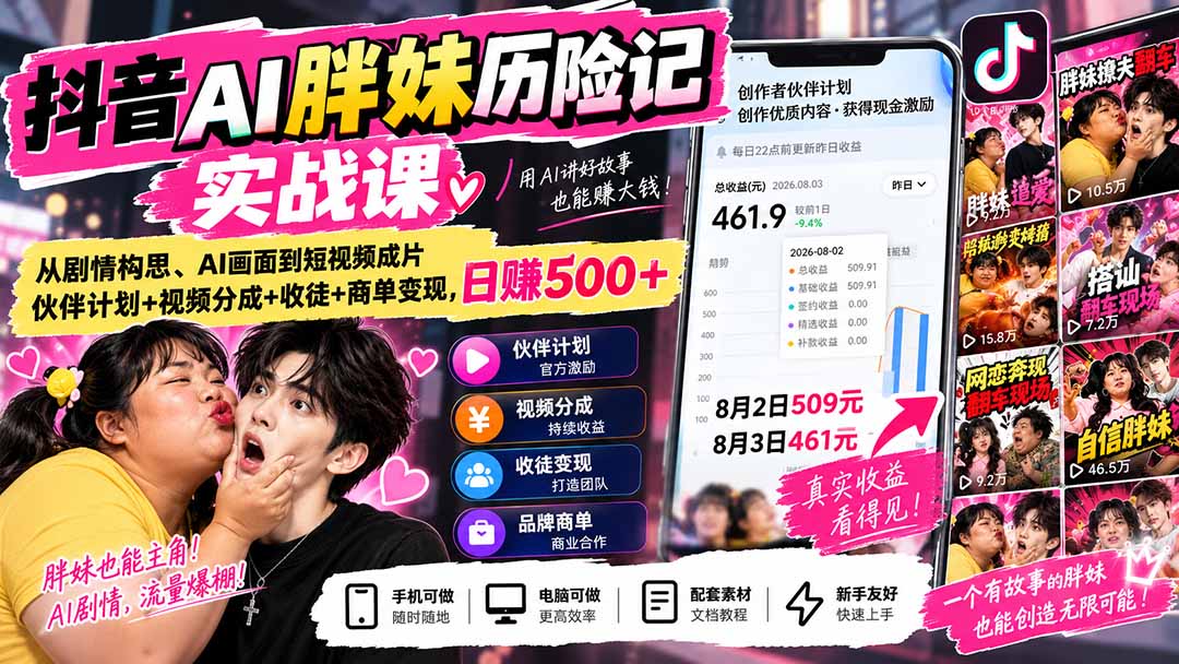 图片[2]-抖音AI胖妹历险记实战课：从剧情构思、AI画面到短视频成片，伙伴计划+视频分成+收徒+商单变现，日赚500+-副业网