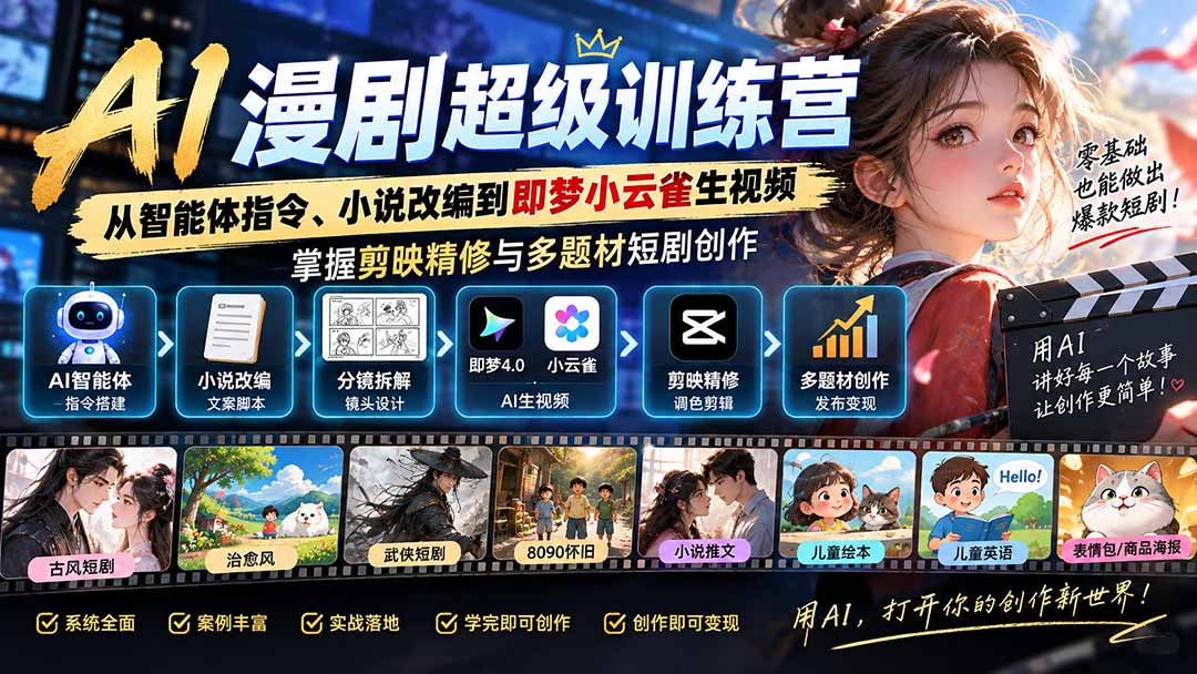 图片[2]-AI漫剧超级特训营：从智能体指令、小说改编到即梦小云雀生视频，掌握剪映精修与多题材短剧创作-副业网